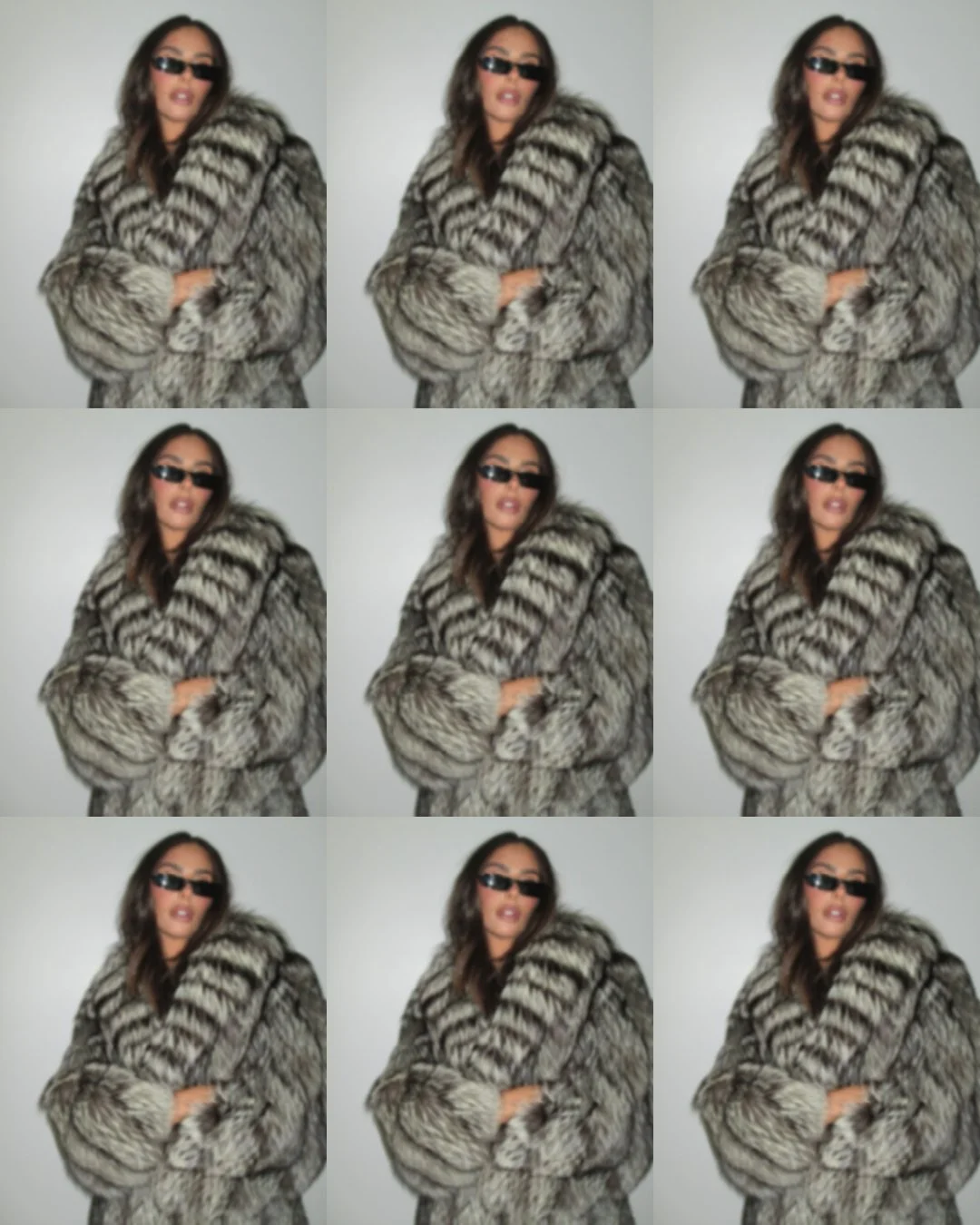 Grid of nine editorial photos of model in fur coat and sunglasses
