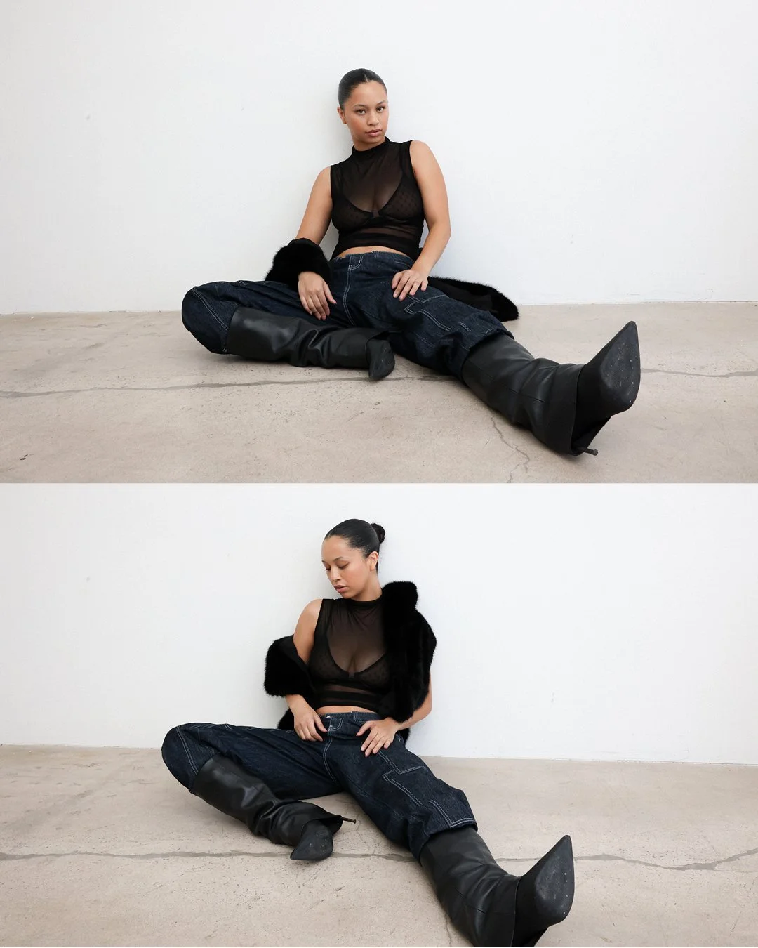 Collage of two editorial fashion images with model in all-black outfit
