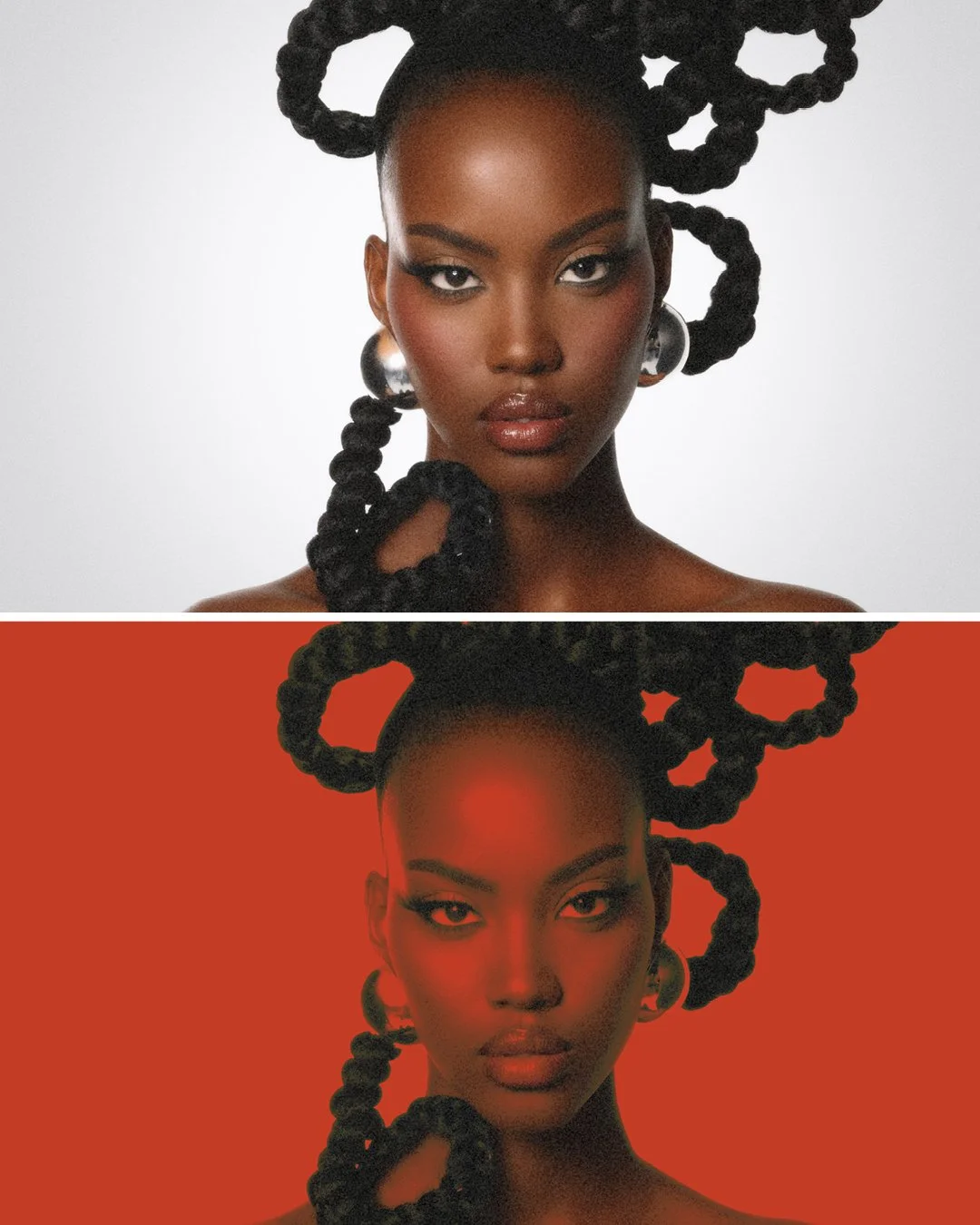 Red edit of beauty model with architectural braids by Catie Menke Wilson