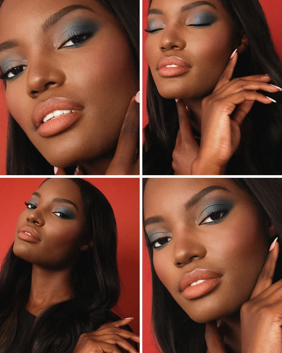 Four-photo collage of bright beauty look with red background by Catie Menke Wilson