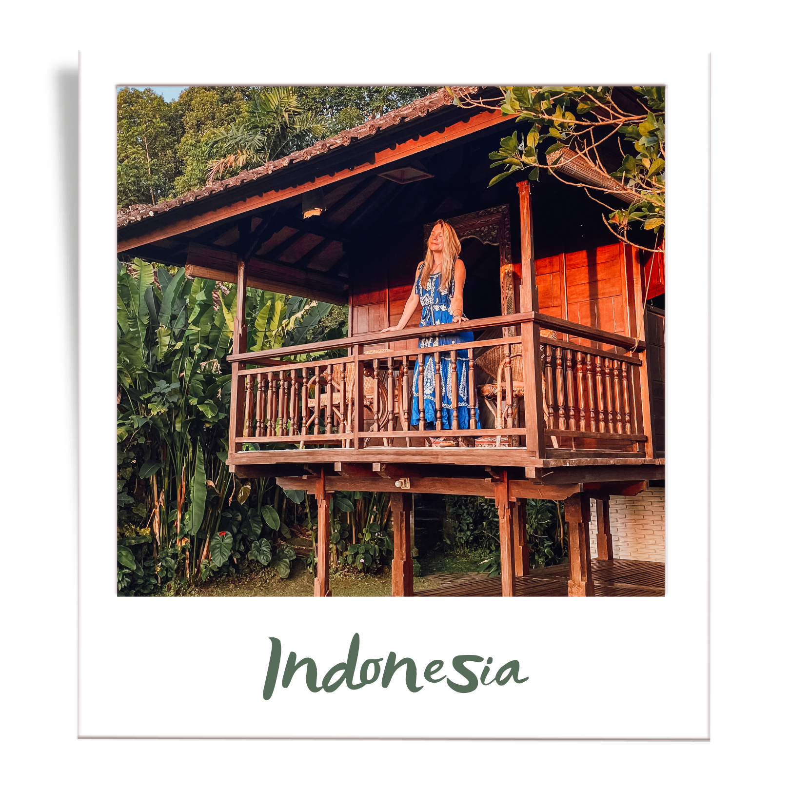 Girl standing on balcony at an eco hotel in Bali