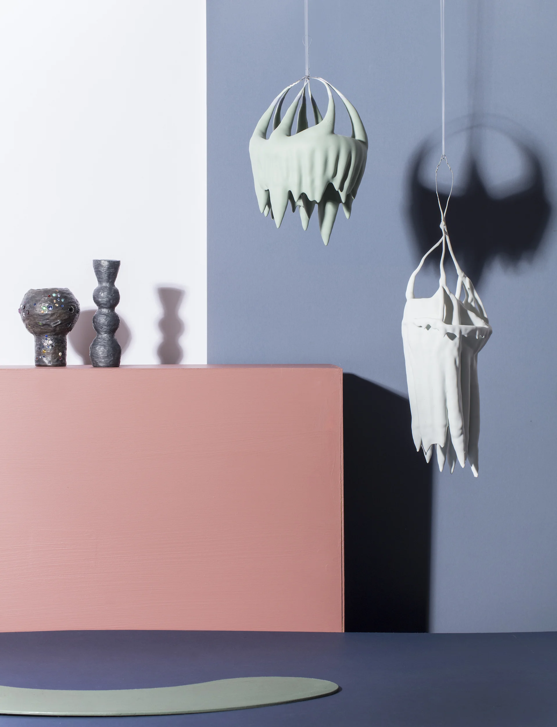 Rose Megirian, Great Worth, 2016, blackened sterling silver, precious and semi-precious stones, fresh water and south sea pearls. Tom Freeman, Hanging Wire Dip (1 & 2), 2015, wire, acrylic paint.
