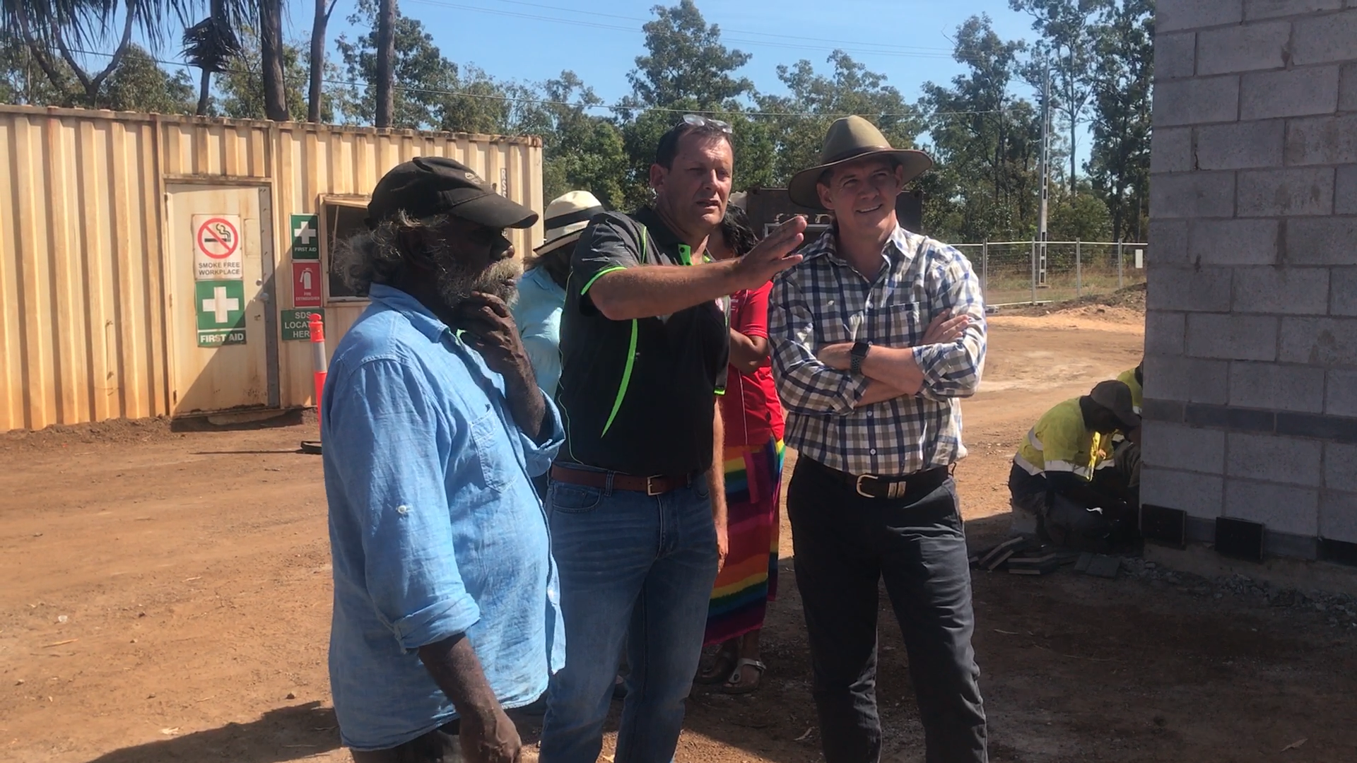 Alfred Mamarika, Chair of Groote Eylandt and Bickerton Island Enterprises, Glen, our construction manager, and NT Chief Minister, Michael Gunner.