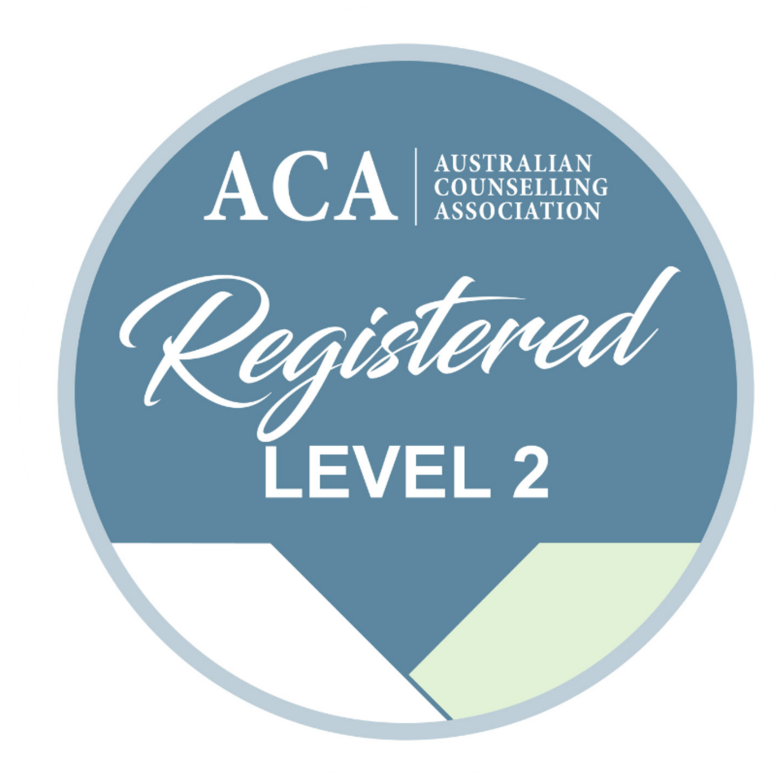 A circular badge indicating registration status from the Australian Counselling Association, with a blue background and white text reading "ACA Registered Level 2."