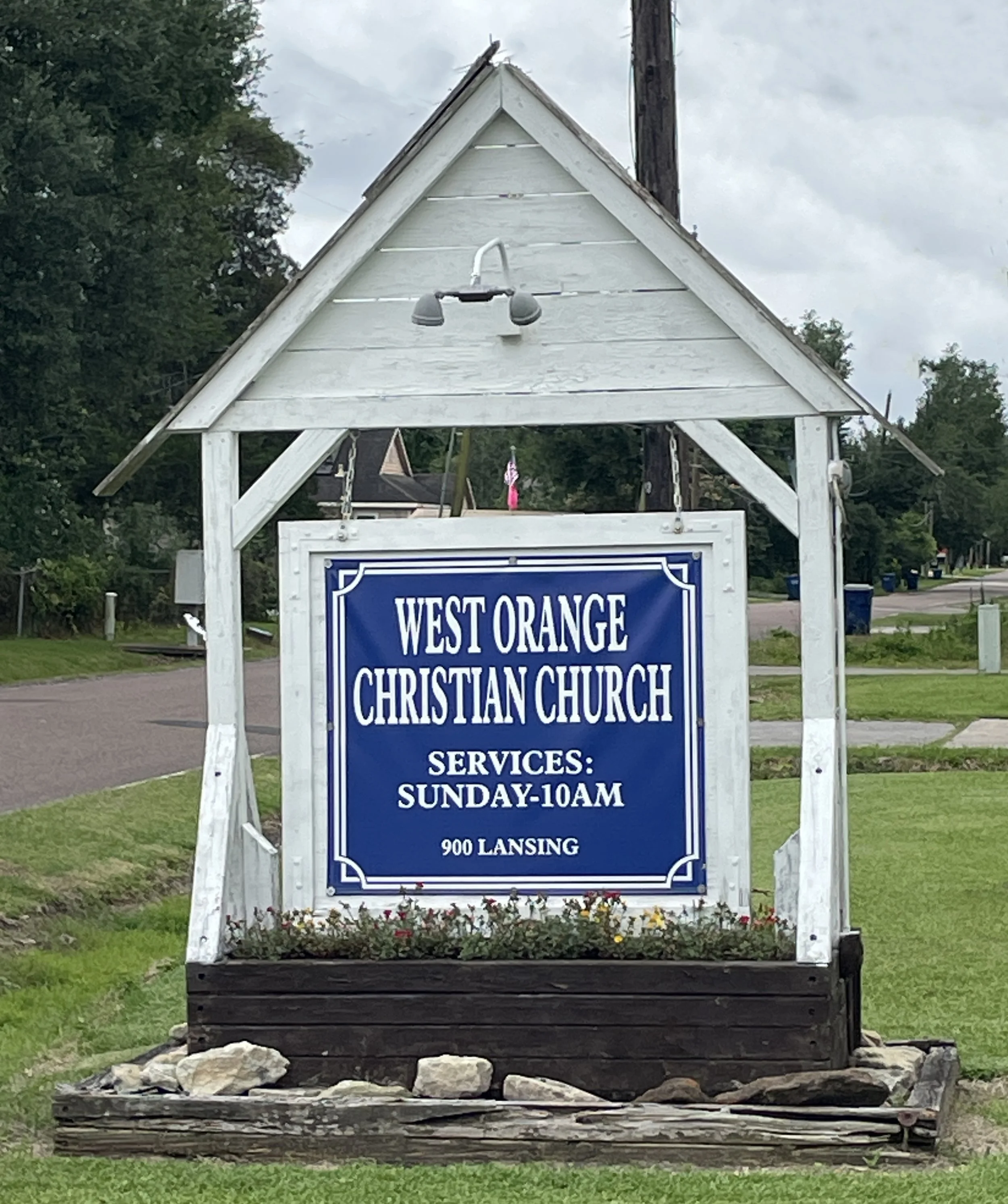 Church sign, West Orange Christian church, Services Sunday 10am, 900 Lansing