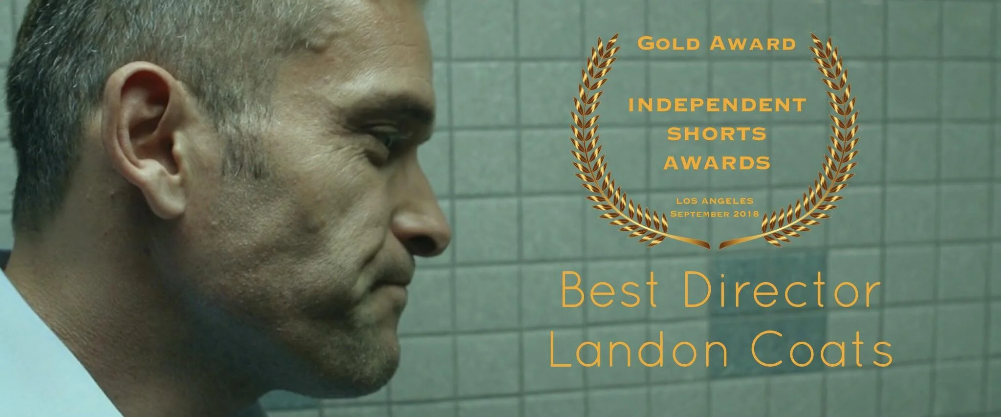 A man standing in a bathroom stall with text on the image showing the award the director won for his film, Stalled.