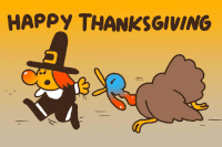 A cartoon turkey chasing after a cartoon pilgrim.