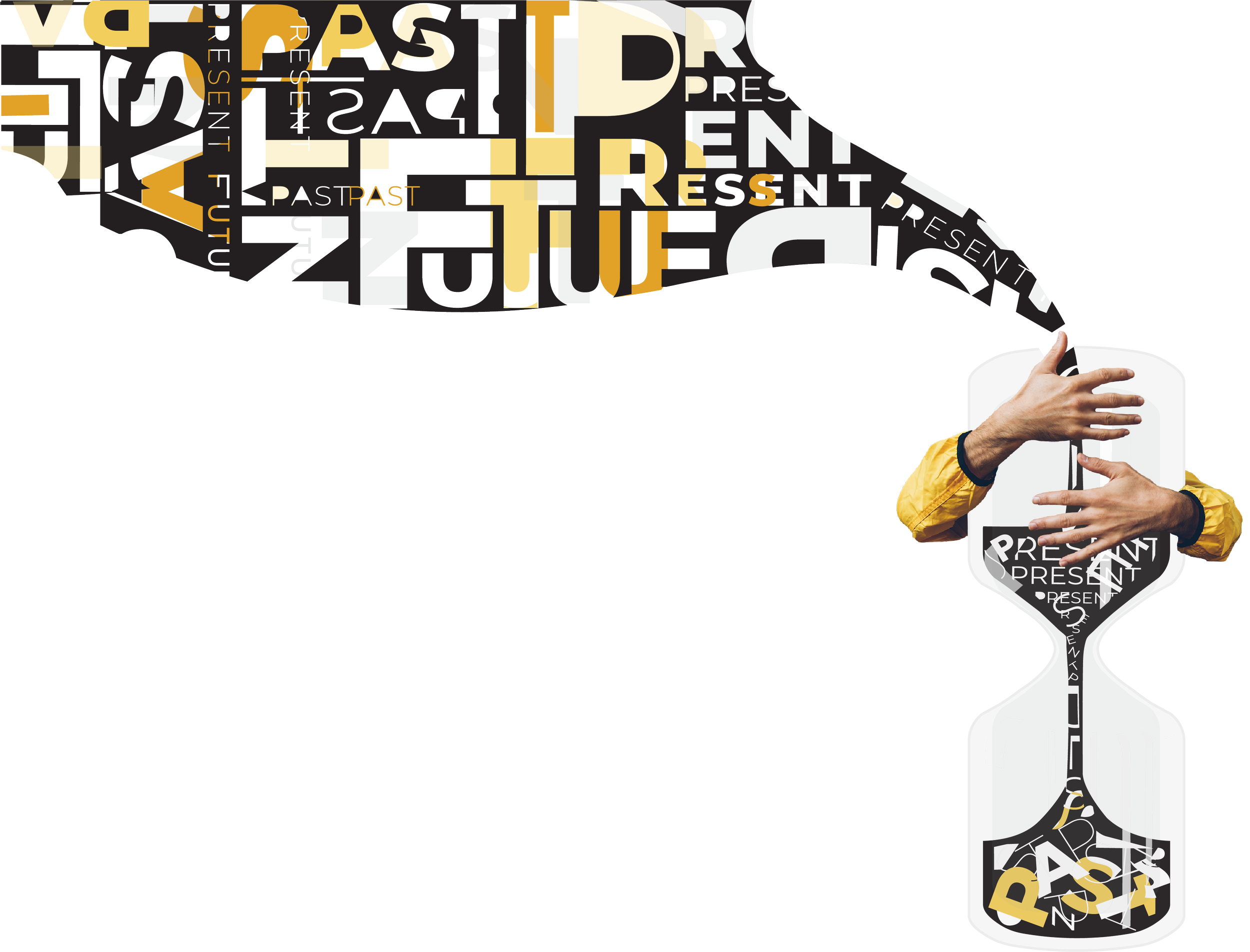      The design integrates typographic vector graphics with photographic elements to visually capture the article’s essence. The central image depicts a man embracing an hourglass, symbolizing the feeling of being "stuck in time." This metaphor illus