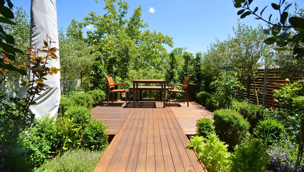 Runway bridge style path with edible garden
