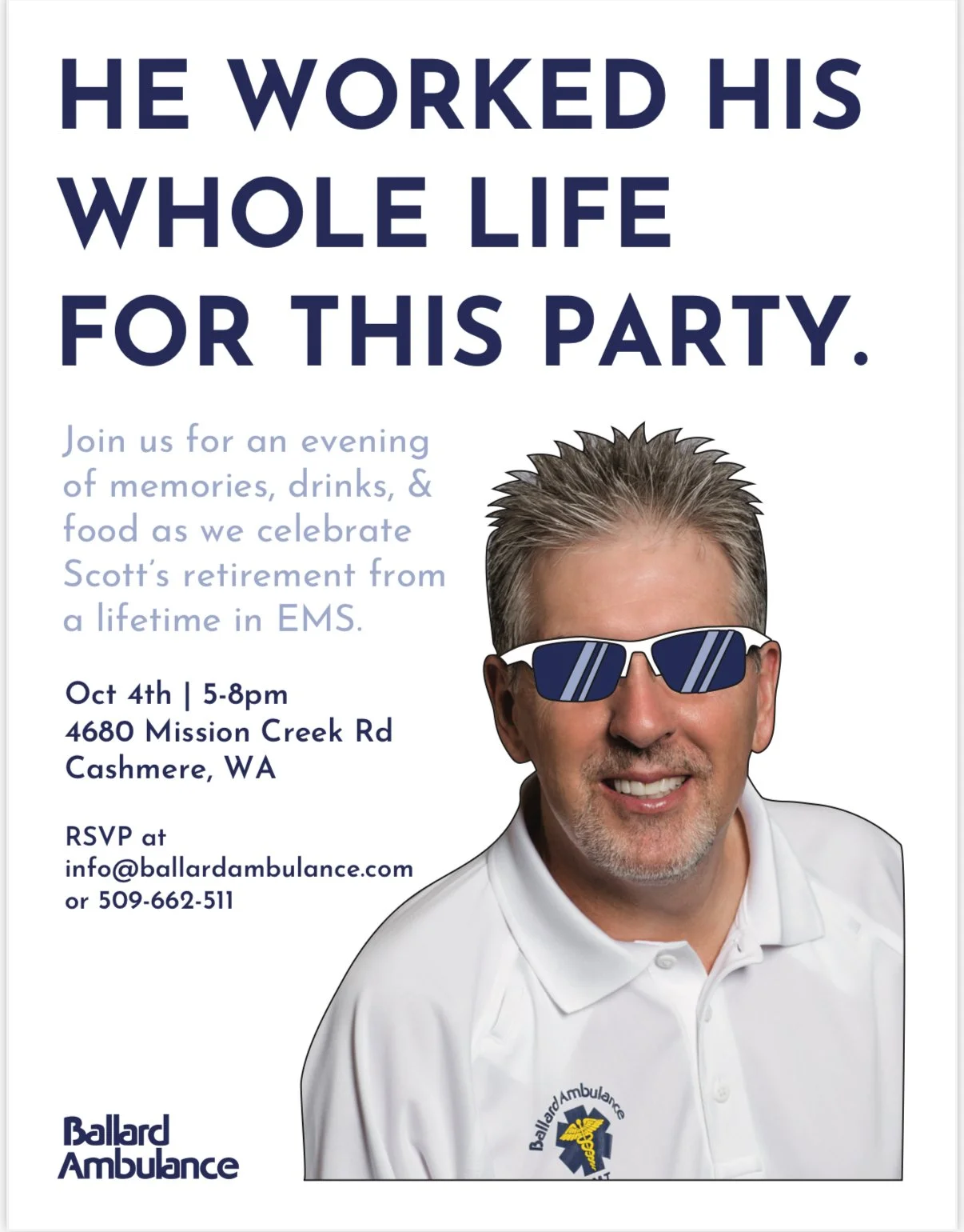 Come celebrate Scott's retirement with us on October 4th. Please RSVP by emailing us at info@ballardambulance.com
