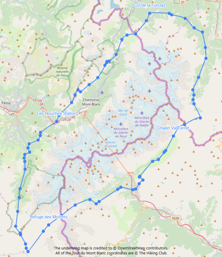 Locations listed are start/finish points of each day. The blue dots represent the subsections the trail has been divided into