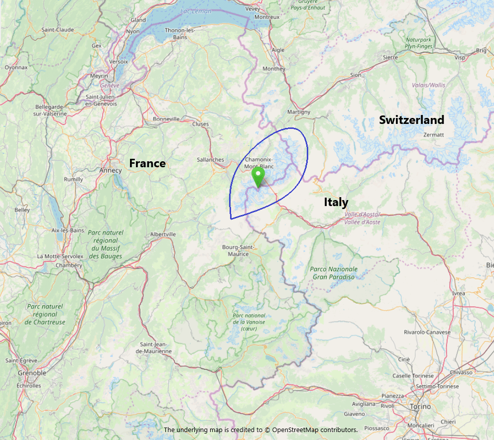 Tour du Mont Blanc: High level map showing the trail around the massif which is located at the intersection between the French, Italian and Swiss borders. The city of Geneva is top left and Turin bottom right.