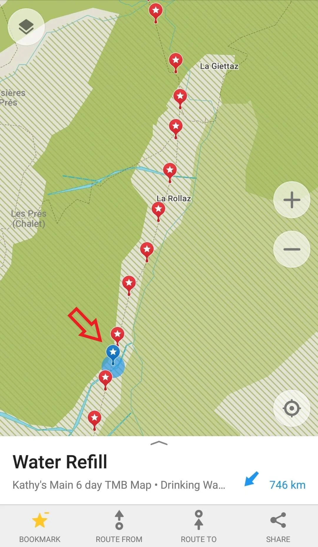 Water re-fill locations are shown in blue