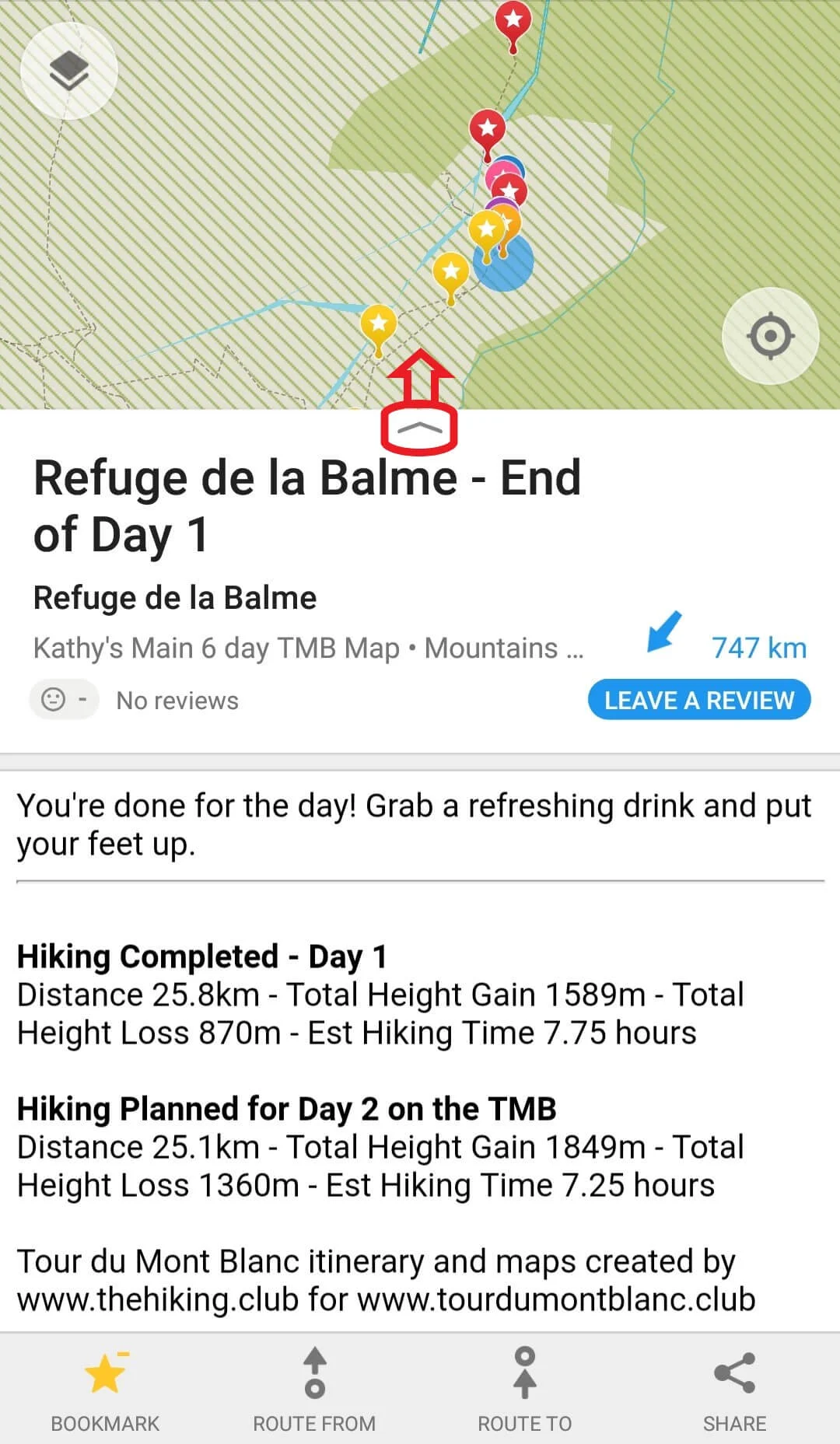 Image 10: Click on a yellow or red trail marker and drag this arrow up to see route details aligned to your specific itinerary.