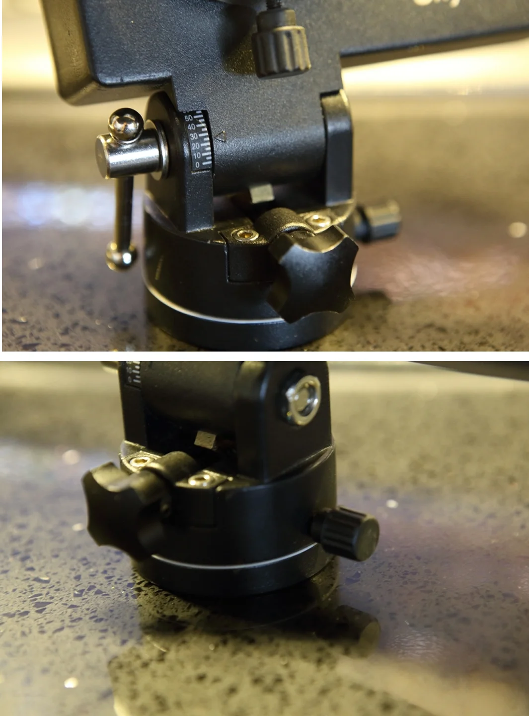 Figure 4: Left, we see the elevation adjustment knob(black, middle), latitude degree markings, and elevation clamp (silver-barred knob on the left). On the right is the azimuth wheel (rotates along the silver line) and azimuth wheel lock.