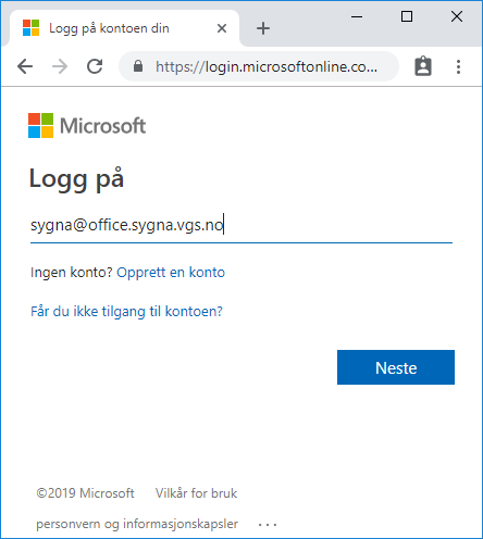 Bruk innloggingsnavnet sygna@office.sygna.vgs.no