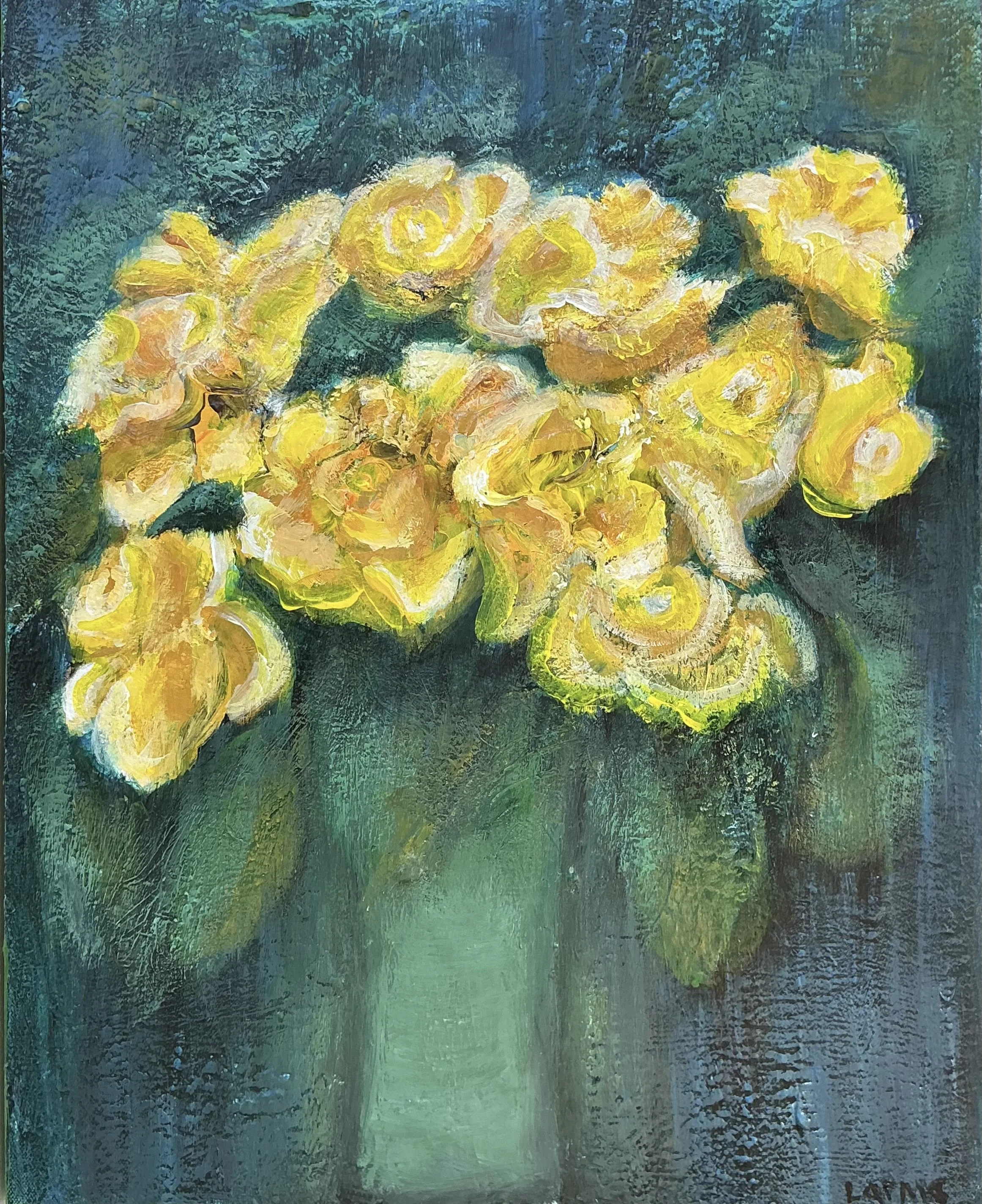 Roses in green vase 