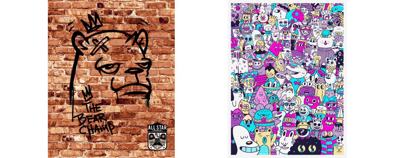  Gifs were also made for limited edition artist prints: JC Rivera ( left )  and Blake Jones ( right ).    A new website was designed/developed through Shopify for All Star Press for functionality as well as keeping similar aesthetics to the original.