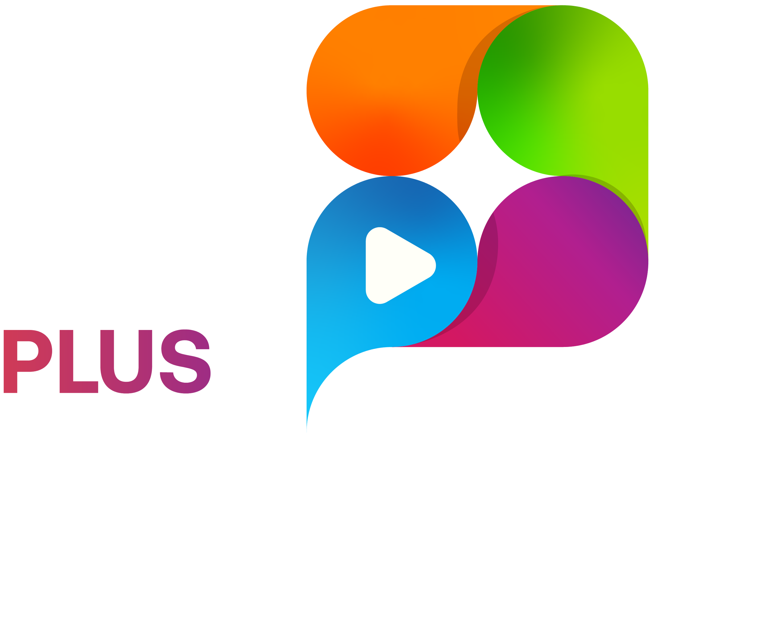 PLUS app logo with colorful circles and a play button symbol.