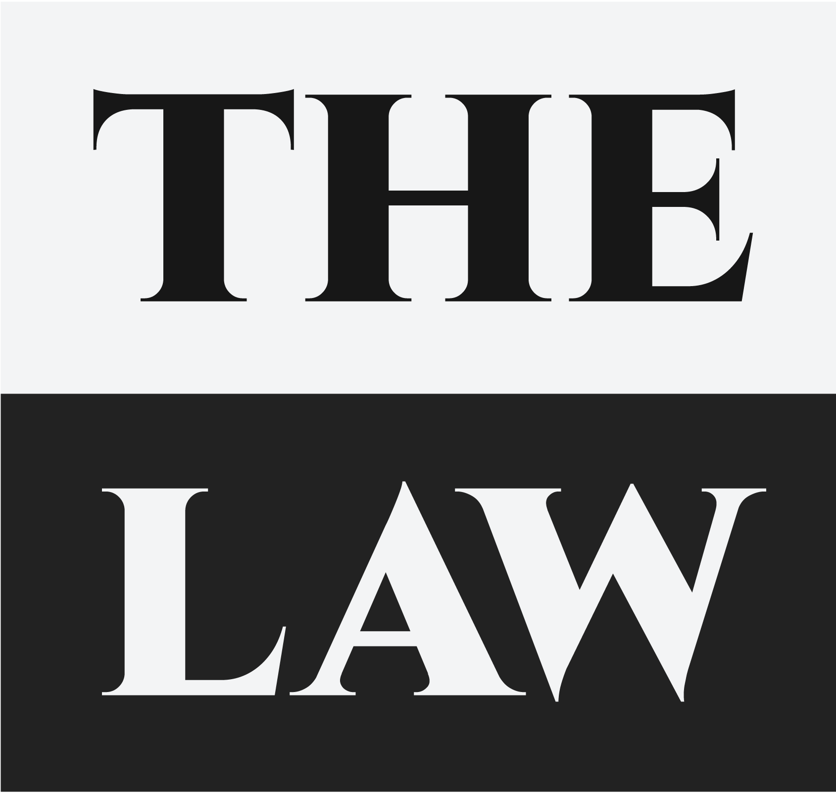 The image displays the words "THE LAW" with "THE" in black uppercase letters on a light background and "LAW" in white uppercase letters on a dark background.