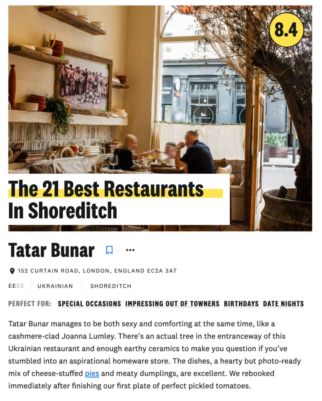 Great to see our friends at @tatarbunar.london featuring in the Best Restaurants in Shoreditch in @infatuation_london article this week! ⚡️📰

#shoreditch #tatarbunar #londonrestaurants