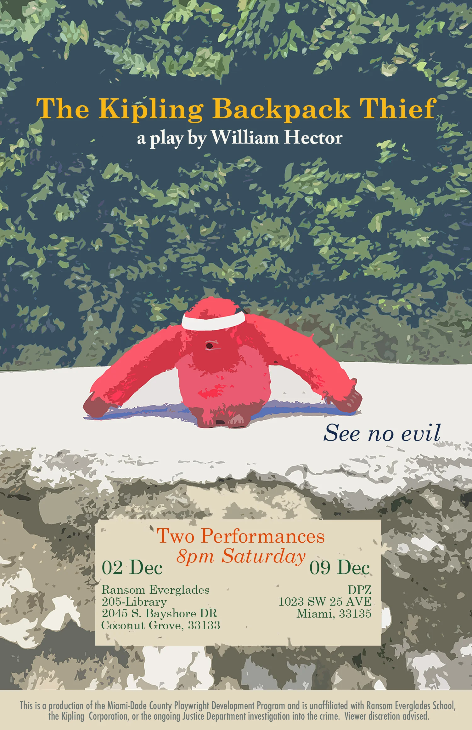 Promotional poster for the December 2nd and December 9th readings of The Kipling Backpack Thief. Poster design by Joanna Lombard.