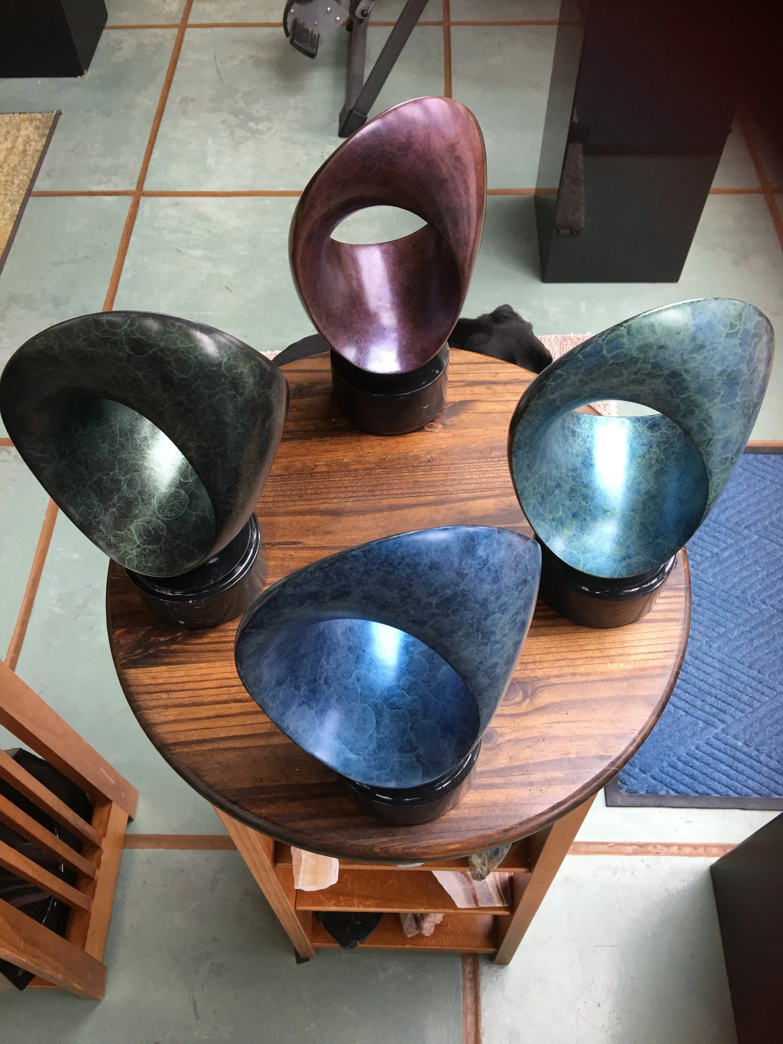  THISBE (from bottom) Limited Edition Bronze Sculptures in Sapphire, Jade, Ruby and Turquoise Patinas. 