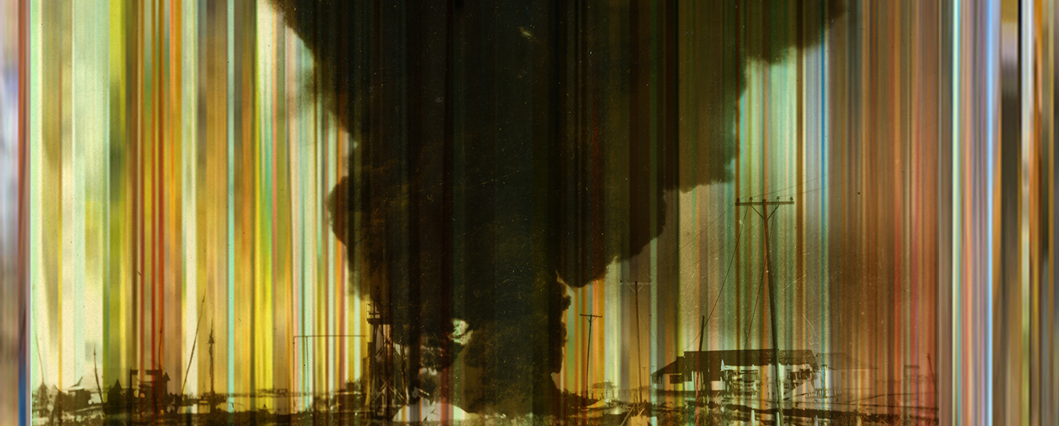 Pistes et Points 2, oil paint and mixed media on board, 24” x 60”, 2015