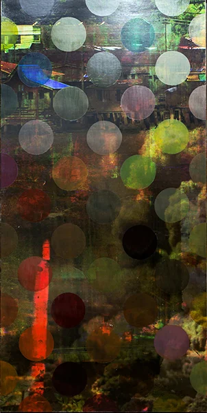 Water Town & Oil Patch, archival ink and oil paint on board, 42” x 72”, 2015