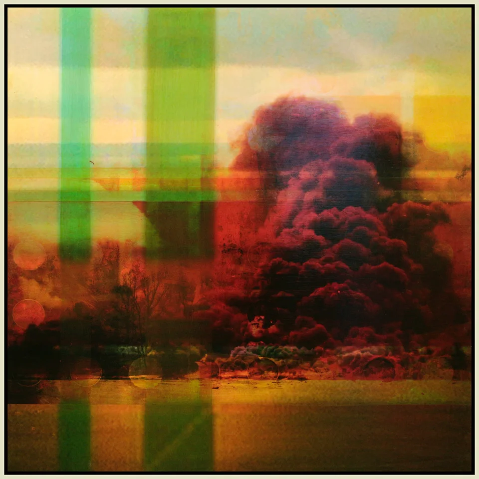 Red Smoke, Green Plaid, oil paint and archival ink on board, 44” x 44”, 2013