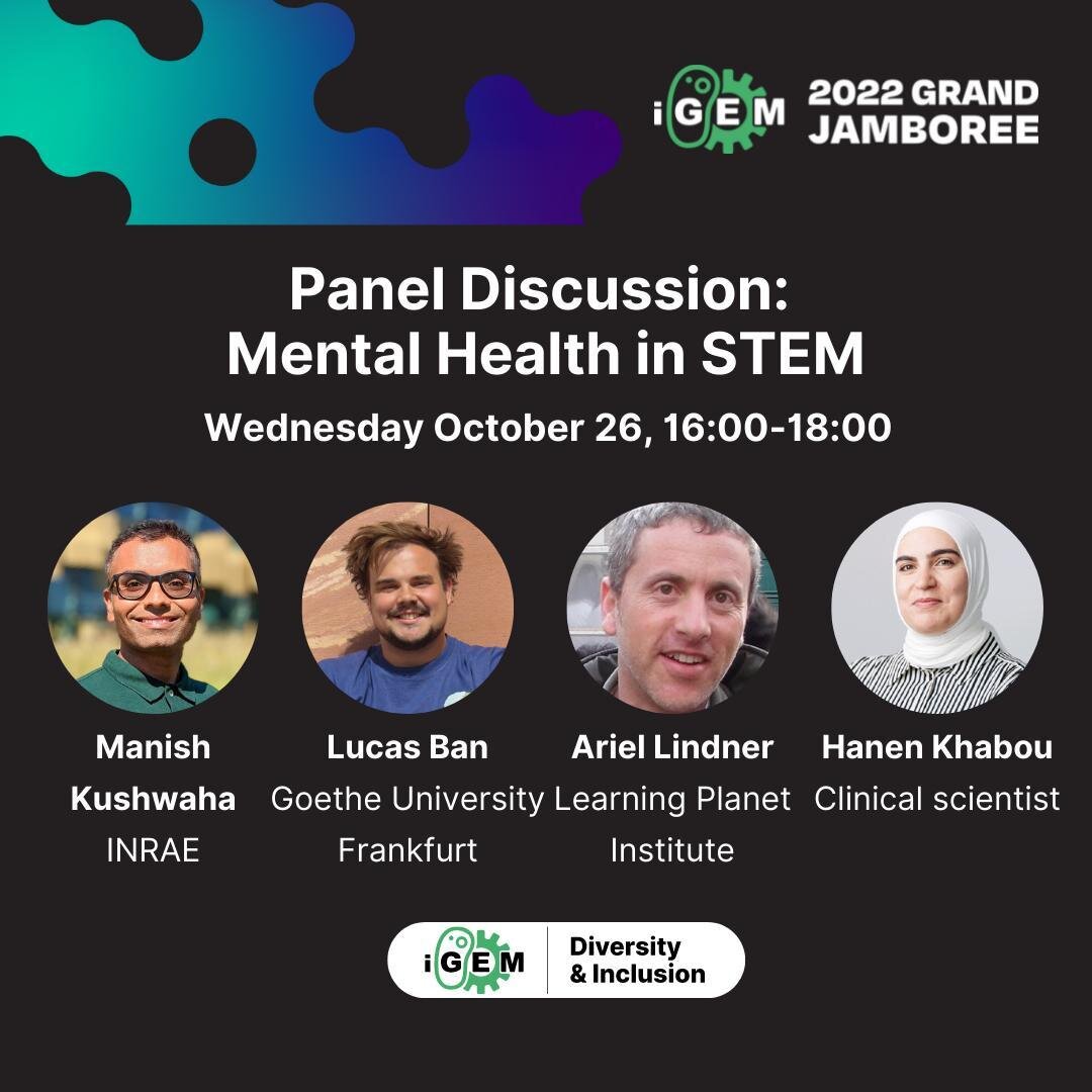 Today's Mental Health in STEM panel discussion will dialogue on topics such as burn-out, toxic work cultures and building a supportive network. Together with our community, we will work towards a framework or set of guidelines that can be proposed to