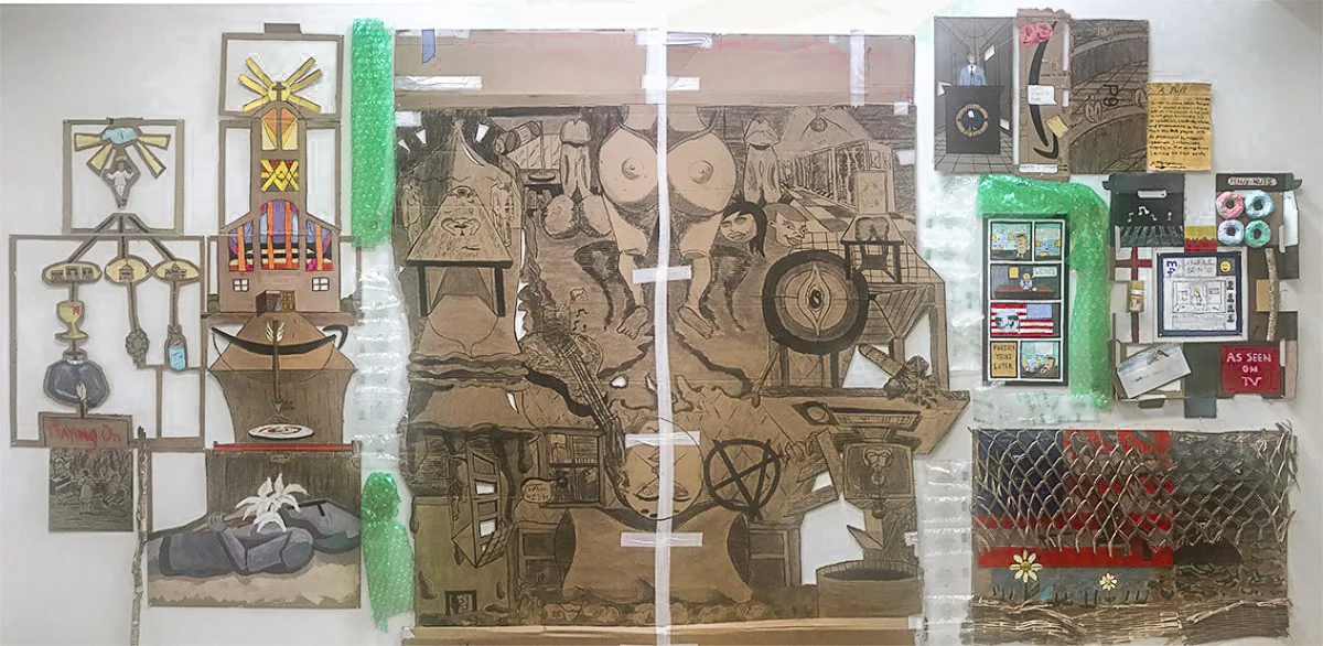 A Common King Acrylic, Charcoal, Cardboard, Plastic Packaging 12’ x 8’ 2018“A Common King” is a commentary on America’s social, political, and religious realm. Though I am religious and do have political standpoints my goal is to make the viewer rea…