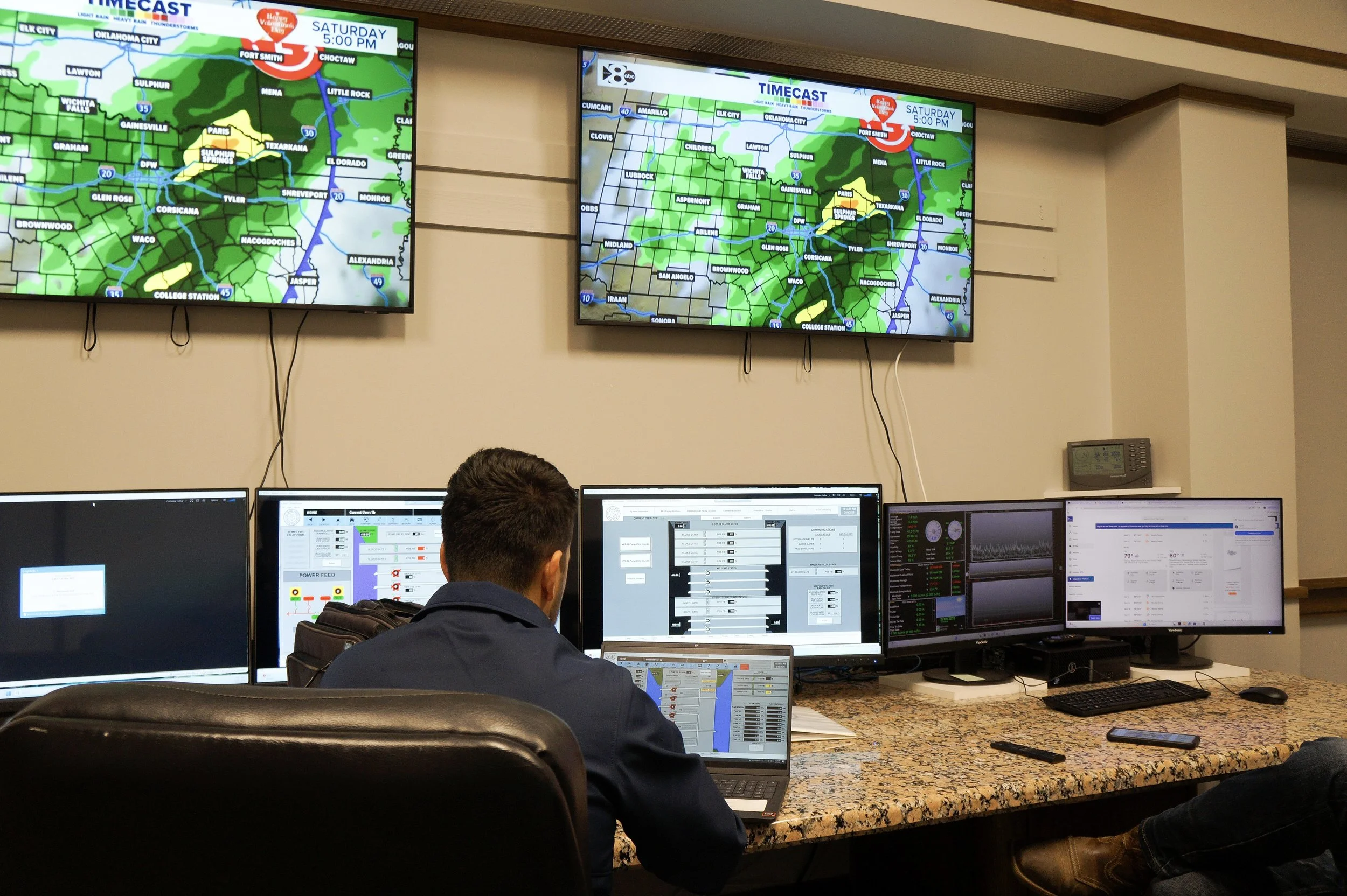 A flood expert from Dallas County Utility & Reclamation District (DCURD) monitors regional weather and IFCD 3's flood system data to keep Valley Ranch safe.