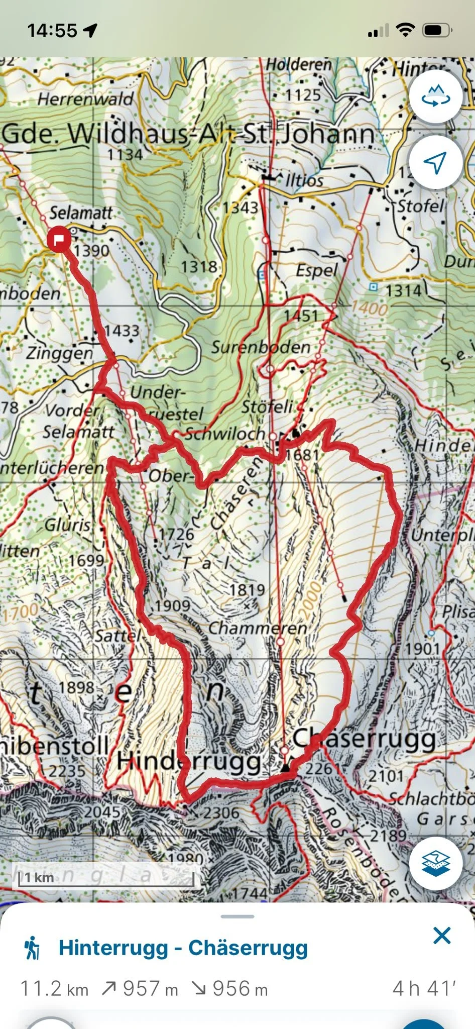 Wanderkarte Selamatt bis Hinterrugg und Chäserrugg