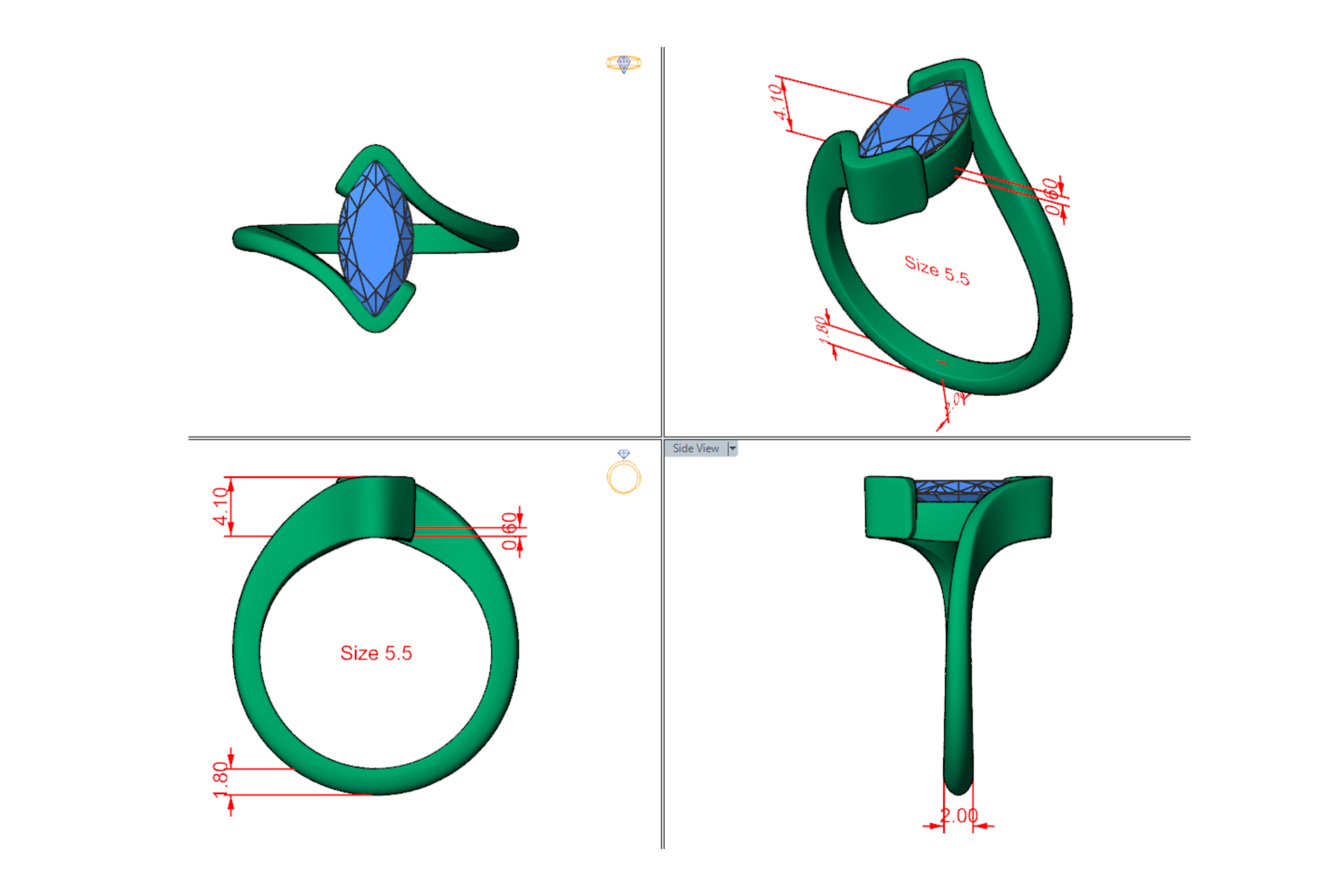 CAD Jewelry Design Services 3D Bypass Marquise Diamond Ring STL File Jewelry Render