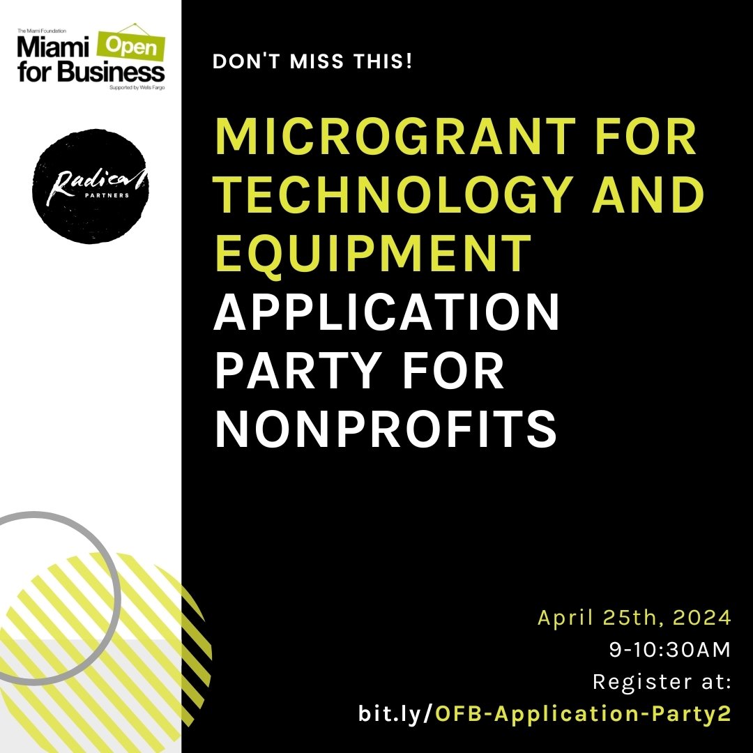 Join us this Thursday for a fun and informative Miami Open for Business Microgrant Application Party with @miamifoundation! 🎉 Get help and learn key tips to craft a winning proposal! 

📅 Date: Thursday, April 25th
🕕 Time: 9:00 AM - 10:30 AM EST
🖋