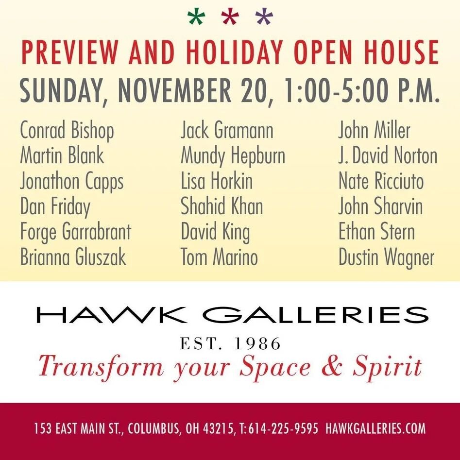 I'll be showing some new work at a Holiday Open House at Hawk Gallery! Stop by and see some beautiful artwork from 18 different artists!
@hawkgalleries