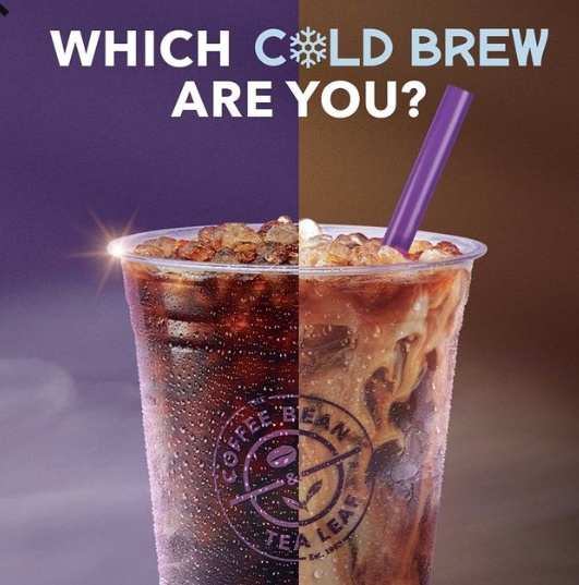 A split image of two iced coffee drinks in clear cups with a straw, showing a contrast between a dark cold brew on the left and an iced latte with cream on the right, with the text "Which Cold Brew Are You?" at the top. - The Coffee Bean & Tea Leaf