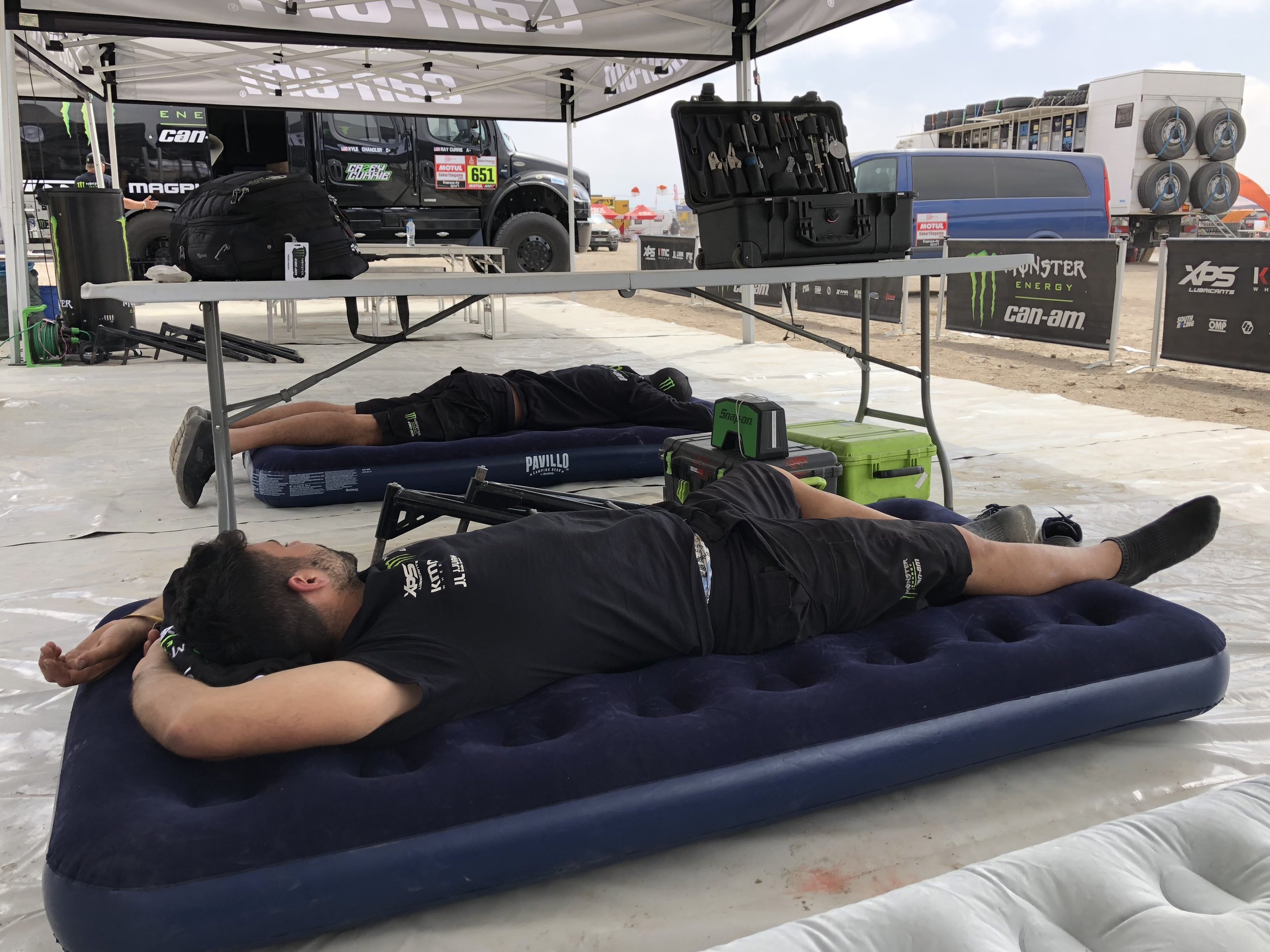 During the marathon stage, mechanics get a much needed break filled with rest.