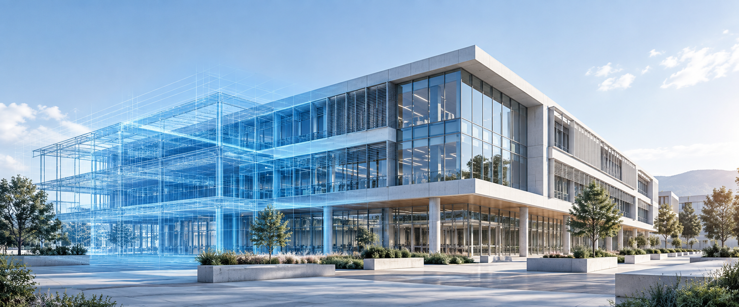 Modelo BIM de edificación con estructura e instalaciones coordinadas