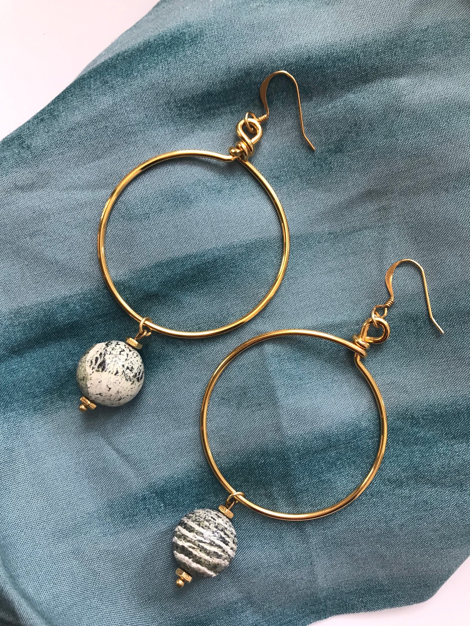 Gold Hoops with Multicolor Stone Beads 