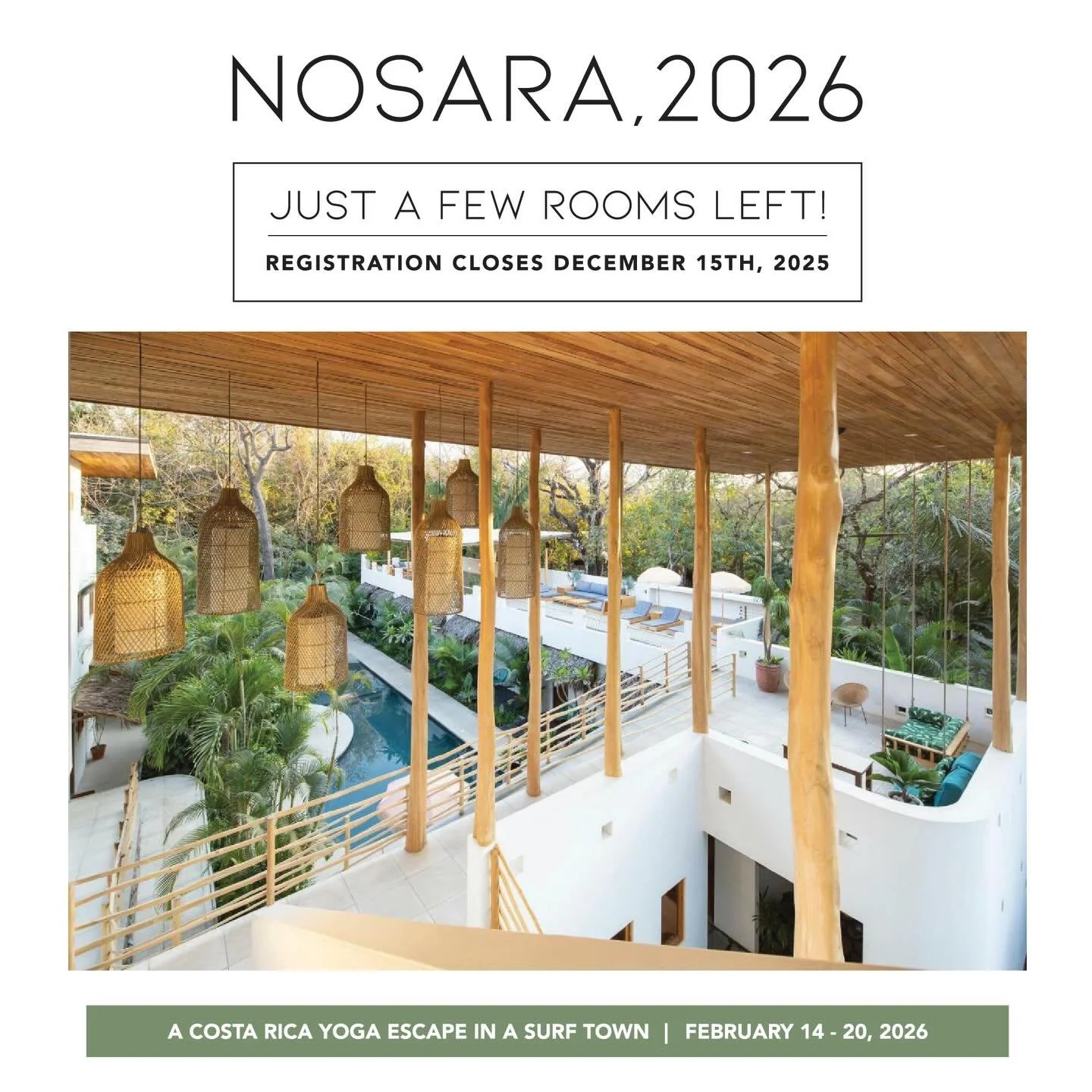 Just 2 rooms available! 10 days remain to reserve your spot! 

Picture this: Tucked away in one of the world&rsquo;s Blue Zones, Nosara is a true hidden gem&mdash;a place where tranquility and vitality intertwine. Wake to the sounds of howler monkeys