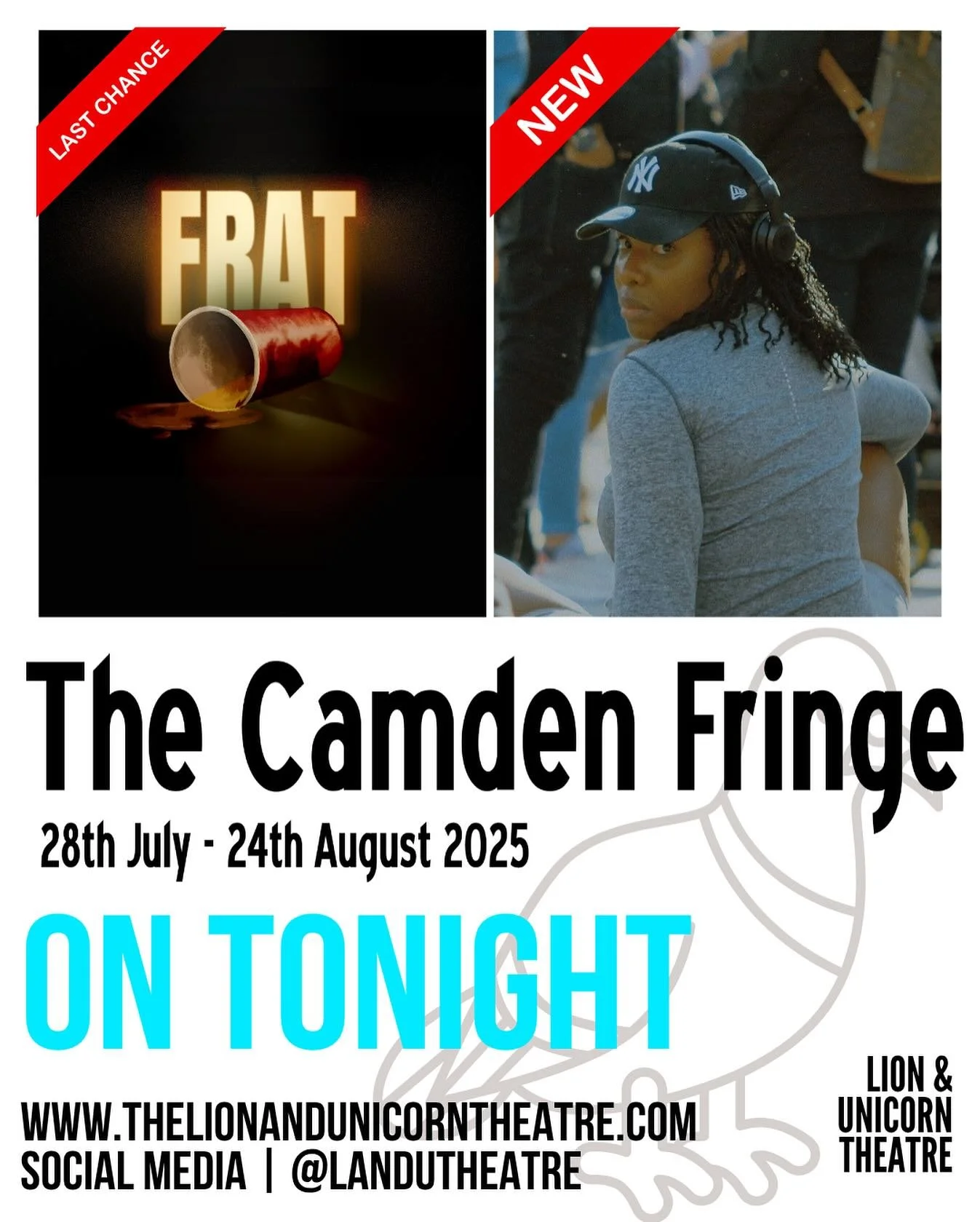 TONIGHT: you can catch the following performances @landutheatre as part of this years massive (and very eclectic) @thecamdenfringe
Join us tonight for brand new writing and great new performances from:
7.00 | @frattplay (closes tonight)
8.30 | @r