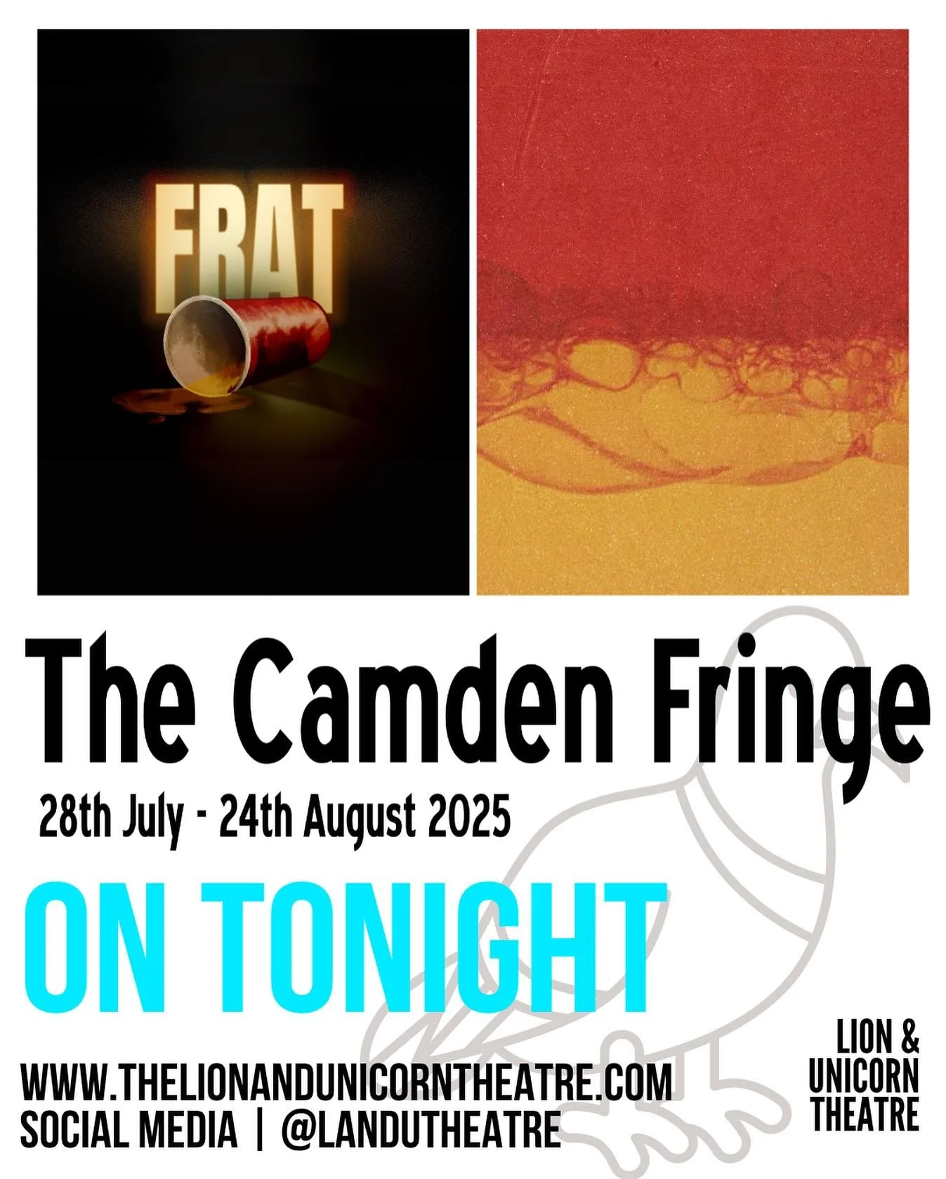 TONIGHT: you can catch the following performances @landutheatre as part of this years massive (and very eclectic) @thecamdenfringe
Join us tonight for brand new writing and great new performances from:
7.00 | @frattplay (until tomorrow)
8.30 | @s