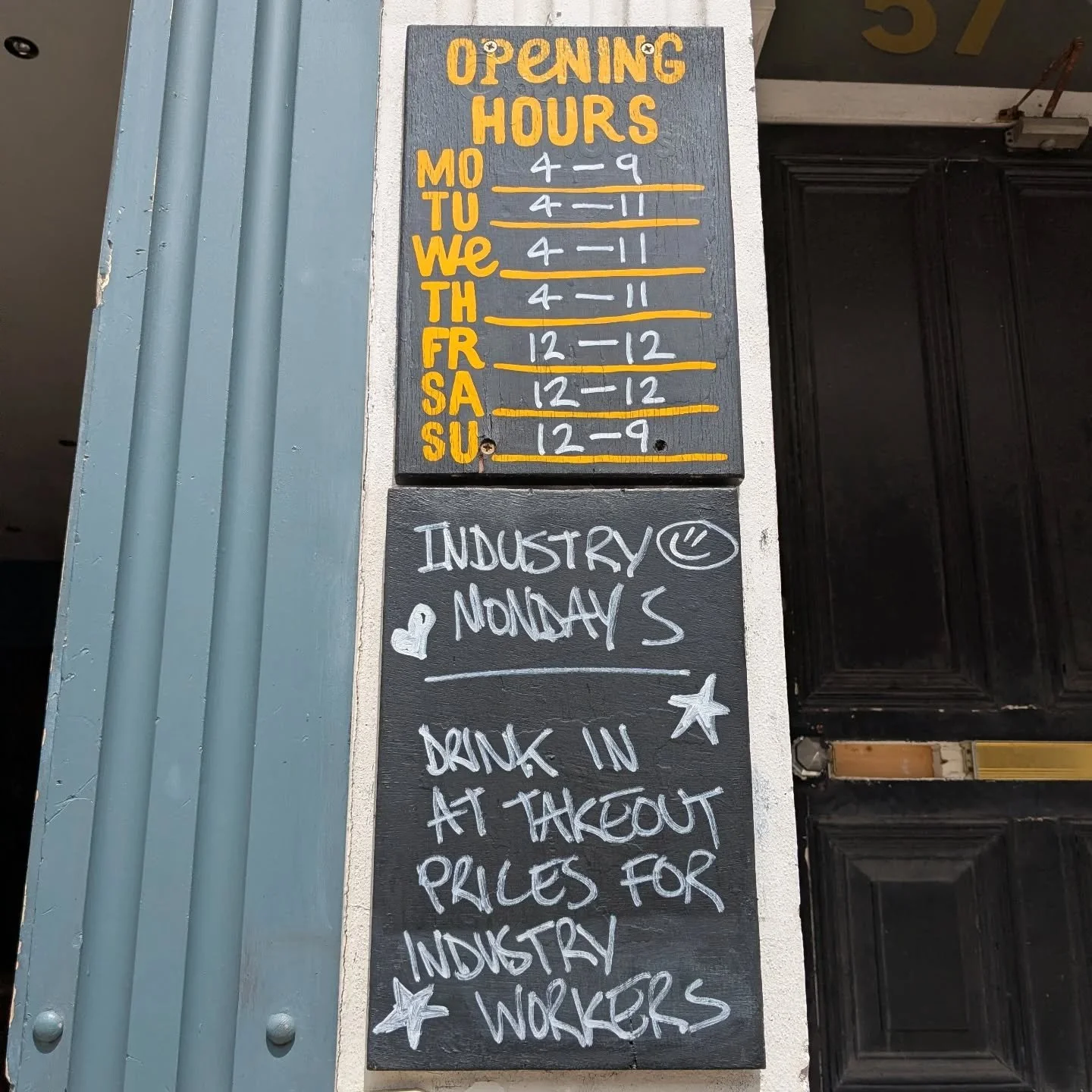 New opening times now including Monday with special offers for workers in the biz. Anyone who works in a restaurant or bar or club looking for liquid relief on a Monday will be able to drink cans for takeout prices with deals on draught too. Just sho