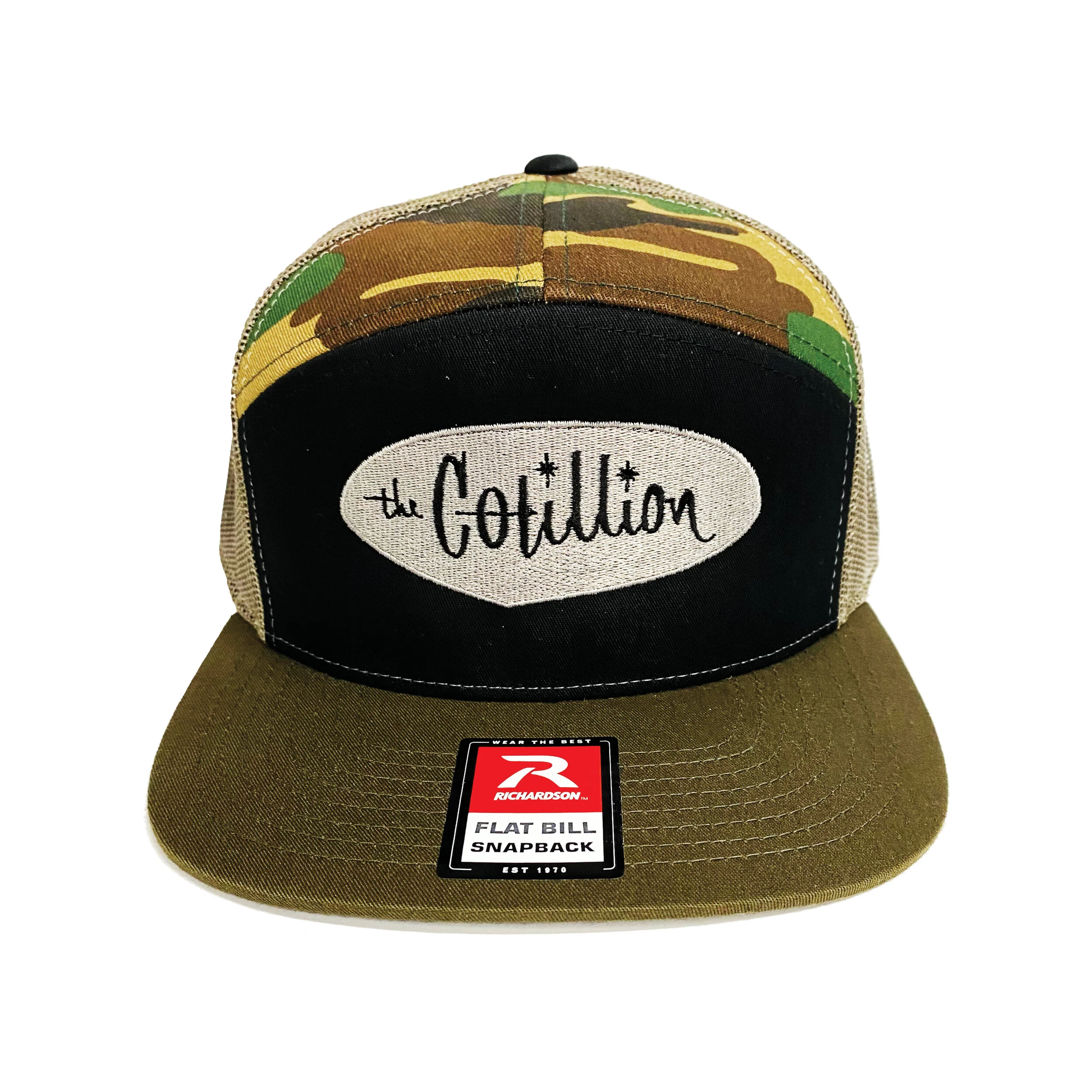 The Cotillion Flat Bill Snapback - Camo w/ Bubble Logo