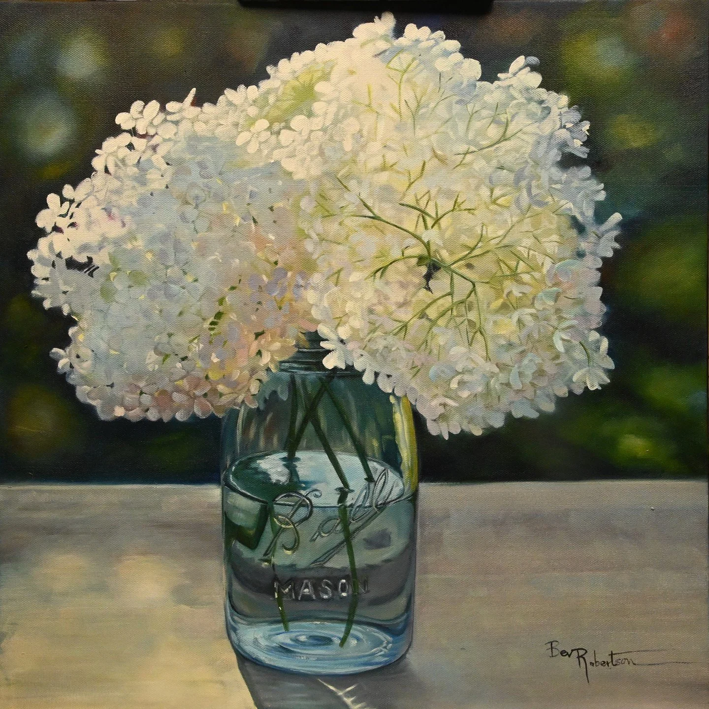On display and for sale at the McMillan Arts Centre Parksville, B.C
20 x20 Oil on canvas , Vintage Blue Jar By Bev Robertson, This Painting features a vintage canning blue glass canning jar with beautiful back lit white hydrangeas. #whitehydrangea #v