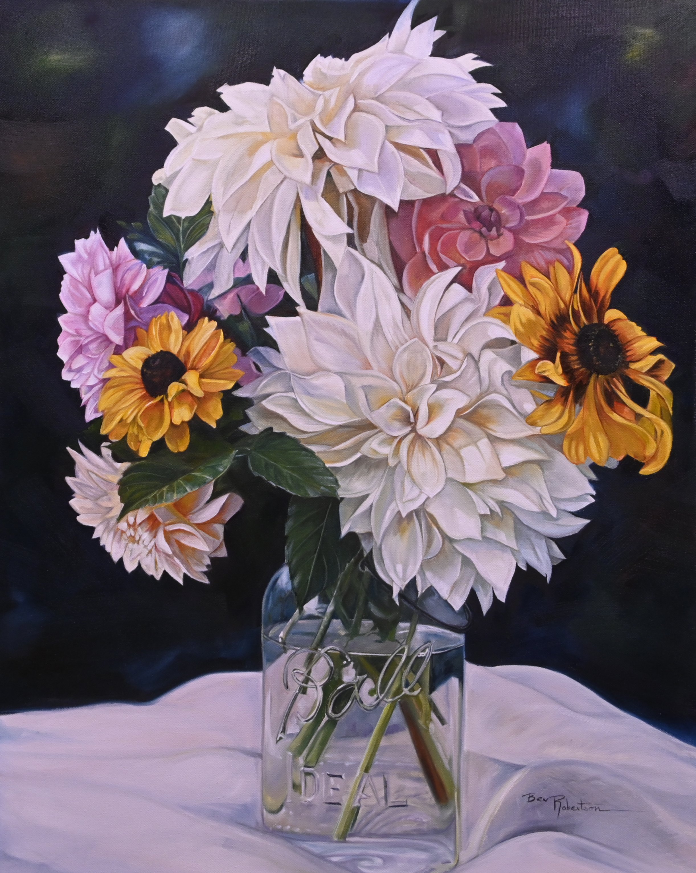 Dahlias & Black-Eyed Susans in Vintage Jar Painting
