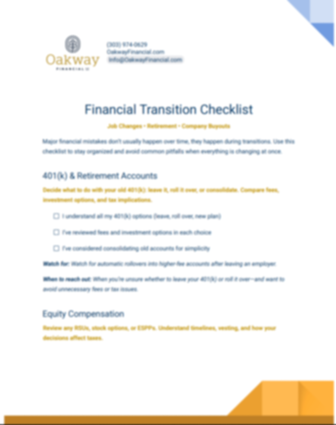 Cover image for the Financial Transition Checklist, a guide to navigating job changes, retirement, and other major financial transitions.