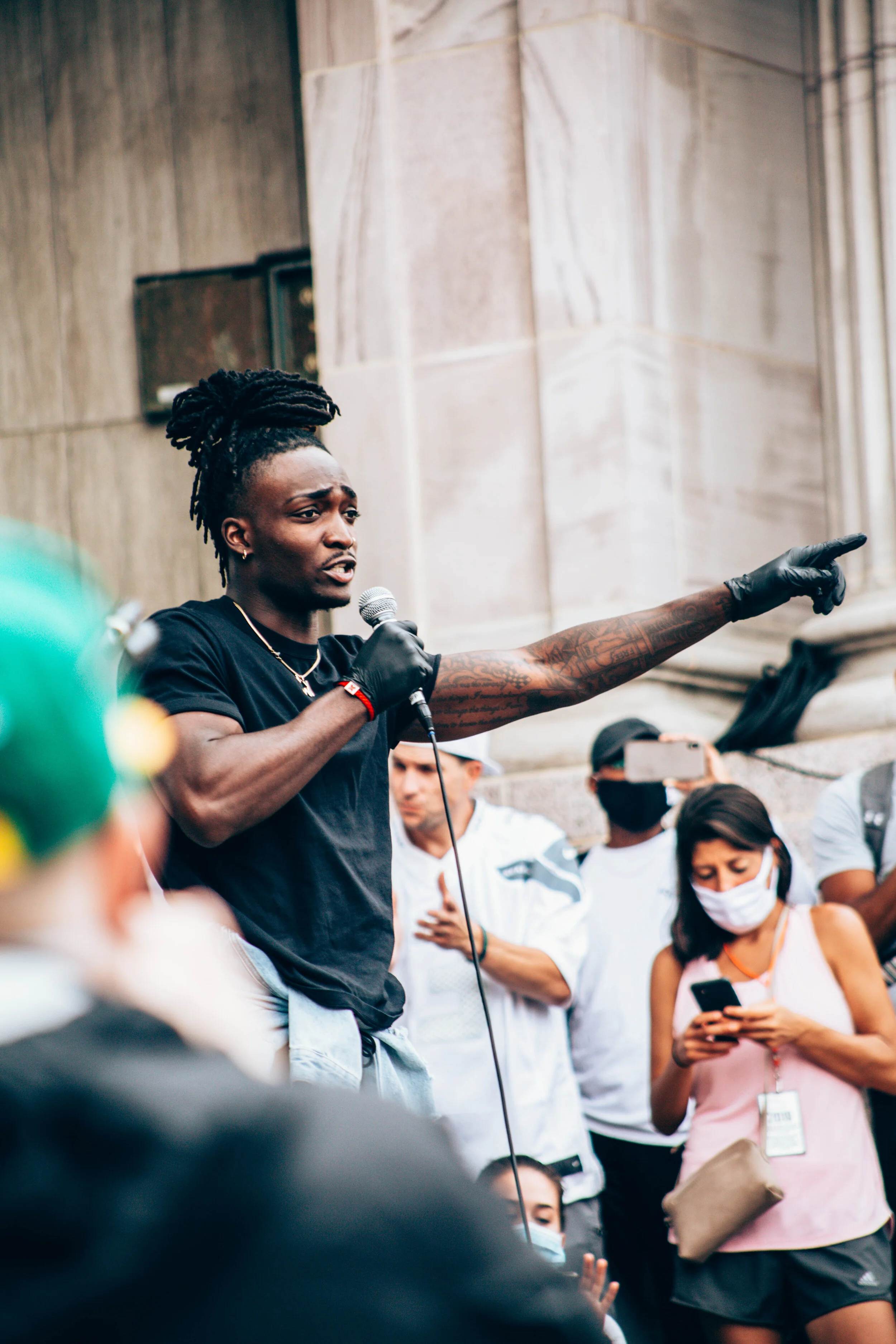 Davontae Harris speaks in front of the crowd at a Black Lives Matters protest in Denver, CO on June 6, 2020. Protestors gathered to plead justice and reforms for police brutality after the death of George Floyd on May, 28th by a police officer.